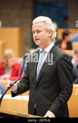 La Haye, pays-Bas. Portrait de Monsieur Geert Wilders, chef politique de la droite et de l'Alt droite du Parti PVV lors du débat parlementaire en 2nd Chambre du Parlement néerlandais. Banque D'Images