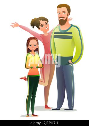 Homme, femme et fille en survêtement. Préparez-vous à des activités sportives. Personne joyeuse. Posture debout. Style de dessin animé. Caractère unique. Rapport d'éclairage Illustration de Vecteur