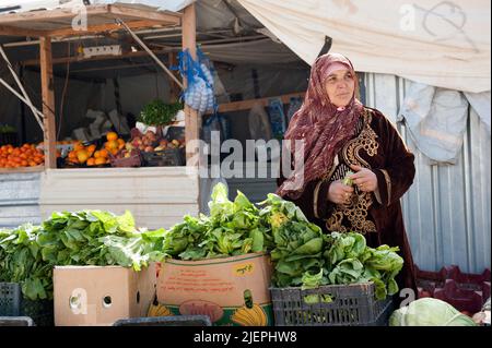 Al Za'atari, Al Mafraq, Jordanie. À l'intérieur du deuxième plus grand camp de réfugiés au monde, en raison de la guerre civile en cours en Syrie, les migrants et les réfugiés de guerre parviennent à créer leurs propres entreprises, magasins et magasins. Une femme d'âge moyen gagne une vie en vendant de la nourriture, des fruits et des légumes aux populations locales à l'intérieur de la communauté. Banque D'Images