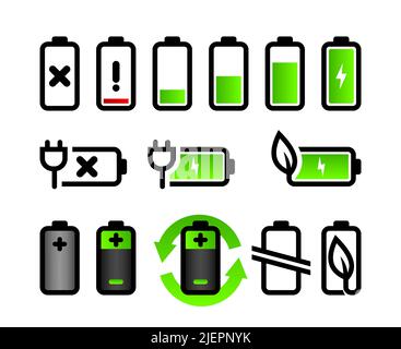Jeu d'icônes de batterie Vector. Icônes de niveau de batterie, de recyclage et d'énergie naturelle sur fond blanc isolé. Illustration de Vecteur