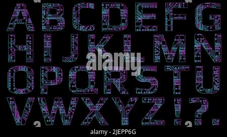 Ensemble de contours de l'alphabet latin de style numérique perforé avec des circuits imprimés isolés sur fond noir. Lettres majuscules de couleur Illustration de Vecteur