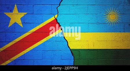 Mur de briques fissuré peint avec un drapeau de la République démocratique du Congo à gauche et un drapeau du Rwanda à droite. Banque D'Images