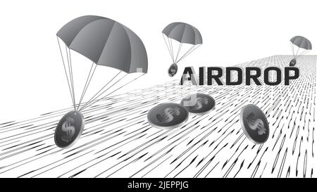 Concept futuriste d'aéroglisseur symbolique avec recul de la perspective sur la route numérique et dollars de pièce USD avec parachutes dans les couleurs grises isolées sur blanc b Illustration de Vecteur