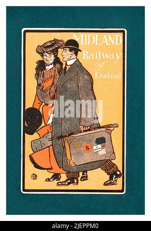 Une illustration du début du 20th siècle par Edward Penfield (1866-1925) pour une publicité commandée par le chemin de fer anglais Midland comportant un couple qui prend un voyage en train. Banque D'Images