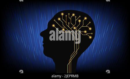 Silhouette de la tête humaine en profil avec le cerveau fait de circuits imprimés sur fond bleu foncé. Concept de numérisation humaine. Illustration vectorielle Illustration de Vecteur