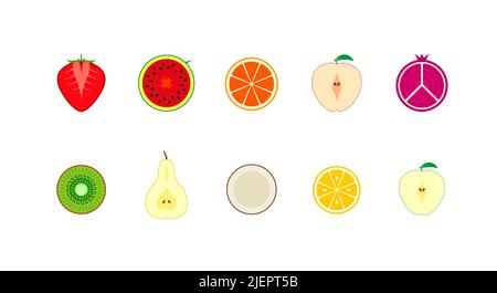 Fraise, pastèque, orange et pomme, grenade et noix de coco, poire, kiwi et citron coupés isolés sur blanc. Ensemble d'icônes de fruits colorées. Vecteur illus Illustration de Vecteur