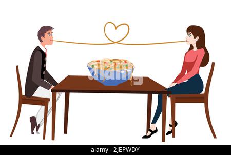 couple mangeant des nouilles en forme de coeur assis dans la chaise dessin animé illustration vectorielle Illustration de Vecteur