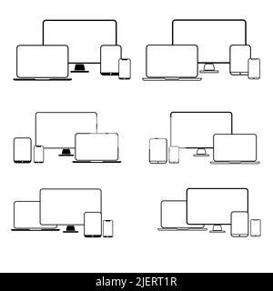 Icônes de ligne relatives aux périphériques et à l'électronique. Jeux d'icônes linéaires vectorielles pour ordinateurs et téléphones portables. Illustration de Vecteur