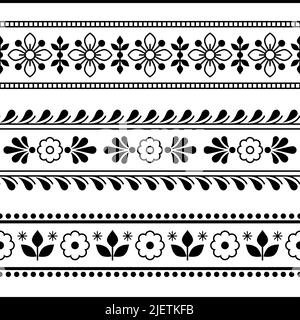 Imprimé scandinave floral textile ou tissu imprimé vectoriel sans coutures avec fleurs, décoration de style rétro Nordic folk art en noir et blanc Illustration de Vecteur