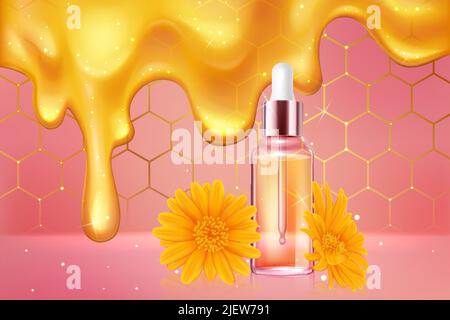 flacon en verre de 3d avec pipette, sérum d'ambre et gouttes de miel doré coulant de vecteur liquide. Produit de soin réaliste pour la peau, flacon cosmétique avec pipette, fond de fleurs orange naturelles Illustration de Vecteur