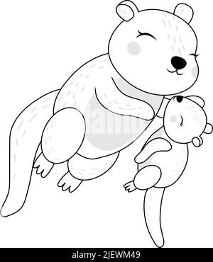 Crachoir noir et blanc en adorable dessin animé. Belle pince Art Otter Swms avec Baby coloriage page. Illustration vectorielle d'un animal pour Illustration de Vecteur