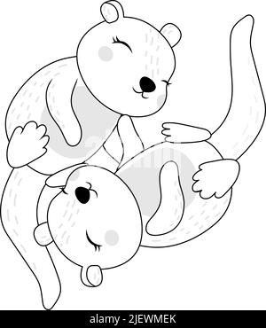 Clipart fait des loutres noir et blanc en style dessin animé. Cute clip Art coloriage page deux loutres dans l'amour. Illustration vectorielle d'un animal pour autocollants, bébé Illustration de Vecteur