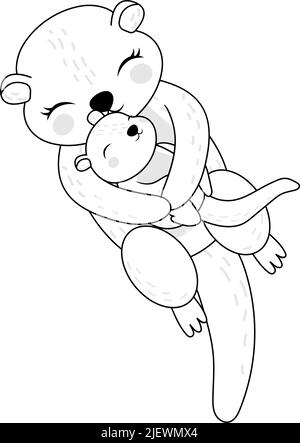 Otters Clipart coloriage page en mignon style dessin de dessin joli clip Art Otter embrassant un bébé noir et blanc. Illustration vectorielle d'un animal pour Illustration de Vecteur