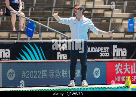 BUDAPEST, HONGRIE - JUIN 28 : entraîneur-chef Emilien Bugeaud de France pendant les Championnats du monde de la FINA Budapest 2022 quart finale match Italie / France sur 28 juin 2022 à Budapest, Hongrie (photo par Albert Ten Hove/Orange Pictures) Banque D'Images