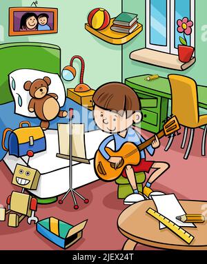 Illustration de dessin animé d'un garçon jouant de la guitare dans sa chambre Illustration de Vecteur