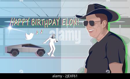 Illustration d'Elon Musk, Tesla Bot, logo Twitter, Tesla CyberTruck. Joyeux anniversaire Elon. Banque D'Images