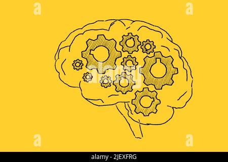 Cerveau humain avec roues dentées dessinées à la main sur fond jaune. Intelligence artificielle. Brainstorming. Illustration dessinée à la main. Banque D'Images