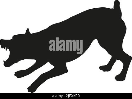 Chiot zwergpinscher agressif et en colère. Broche miniature dangereuse ou mini broche,. Silhouette de chien noire. Animaux de compagnie. Isolé sur un fond blanc. Illustration de Vecteur