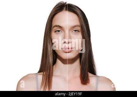 Portrait comparatif du visage féminin, du jeune et du processus de vieillissement isolé sur fond gris de studio. Style de vie malsain Banque D'Images