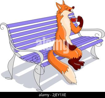 Un renard dessin animé à la main assis sur un banc dans le parc et buvant du café. Illustration vectorielle Illustration de Vecteur