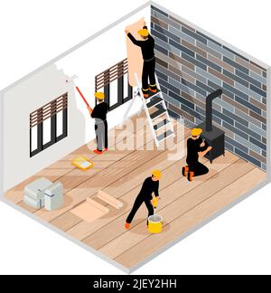 Illustration isométrique vectorielle des travailleurs effectuant une configuration intérieure Illustration de Vecteur