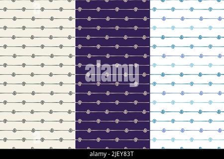 Motifs ornementaux ethniques sans couture, ensemble de 3. Style de caniche dessiné à la main, formes de tourbillon organique de pinceau, lignes. Tons gris bleu couleurs. Géométrique Illustration de Vecteur