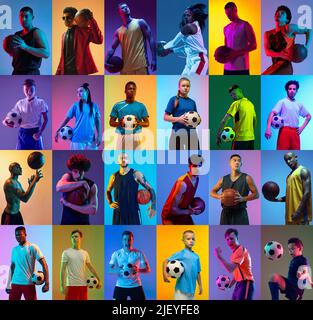 Ensemble d'images de différents joueurs professionnels de football, hommes et femmes, debout avec une balle isolée sur fond multicolore au néon. Collage Banque D'Images