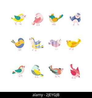 Drôle d'oiseaux de couleur dans différentes poses ensemble. Collection d'oiseaux exotiques. Illustration vectorielle de style plat Illustration de Vecteur