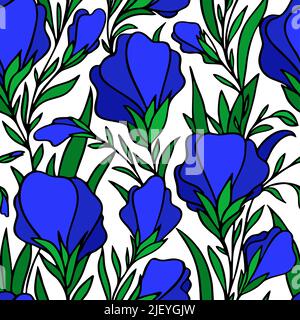 art, sans couture motif de grands boutons de fleurs bleues sur fond blanc, texture florale brillante, design Illustration de Vecteur