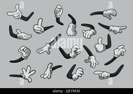 Retro Cartoon gants les mains gestes. Mains de dessin animé avec gants Icon Set isolé. Vector Clipart - parties du corps, bras en gants blancs. Mouvement de la main Illustration de Vecteur