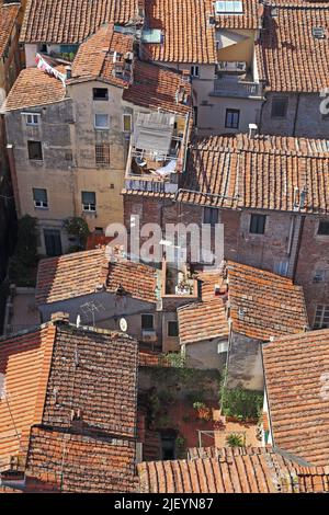 LUCCA, ITALIE - 16 SEPTEMBRE 2018: C'est une vue d'en haut sur les toits carrelés de la vieille ville et le patio sur eux. Banque D'Images