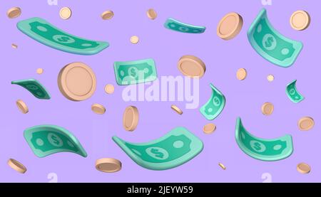 Billets de banque et pièces sur fond violet. 3d illustration du rendu de l'argent. Banque D'Images