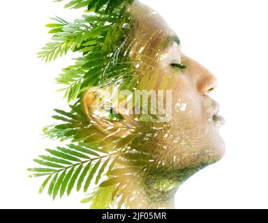 Portrait de profil d'un homme combiné à une image de plantes tropicales Banque D'Images