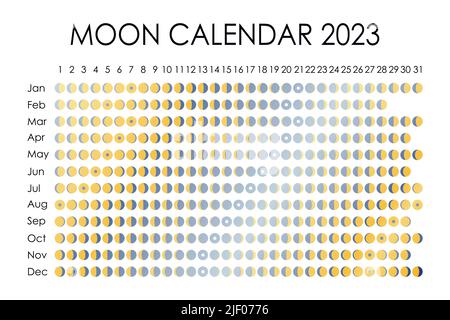 2023 Calendrier de la Lune.Conception de calendrier astrologique. planificateur.Placez les autocollants.Maquette du planificateur de cycle mensuel.Arrière-plan noir et blanc isolé Illustration de Vecteur