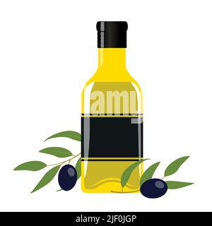 bouteille de verre d'huile d'olive avec arbuste d'olive isolé sur blanc Illustration de Vecteur