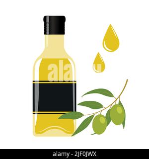 bouteille de verre d'huile d'olive avec arbuste d'olive isolé sur blanc Illustration de Vecteur