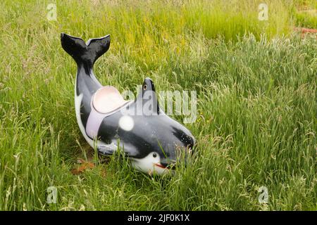 Un dauphin de terrain de jeu cassé pour enfants est abandonné dans les mauvaises herbes sur un terrain de golf fou surcultivé Banque D'Images