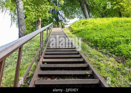 Escalier en bois menant à la colline Vytautas, Birstonas, Lituanie Banque D'Images