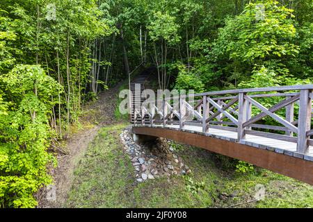 Pont en bois menant à la colline Vytautas, Birstonas, Lituanie Banque D'Images