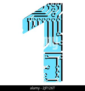 Chiffre 1 perforé avec voies de circuit imprimé isolées sur blanc. Chiffre coloré pour les gros titres du monde numérique moderne. Elément de conception vectoriel. Illustration de Vecteur