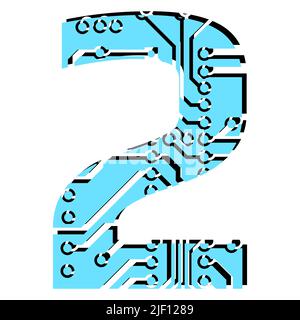 Chiffre 2 perforé avec voies de circuit imprimé isolées sur blanc. Chiffre coloré pour les gros titres du monde numérique moderne. Elément de conception vectoriel. Illustration de Vecteur