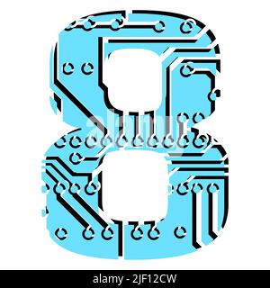 Chiffre 8 perforé avec voies de circuit imprimé isolées sur blanc. Chiffre coloré pour les gros titres du monde numérique moderne. Elément de conception vectoriel. Illustration de Vecteur