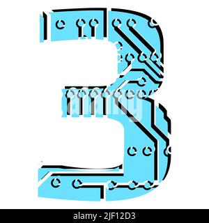 Chiffre 3 perforé avec voies de circuit imprimé isolées sur blanc. Chiffre coloré pour les gros titres du monde numérique moderne. Elément de conception vectoriel. Illustration de Vecteur