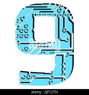 Chiffre 9 perforé avec voies de circuit imprimé isolées sur blanc. Chiffre coloré pour les gros titres du monde numérique moderne. Elément de conception vectoriel. Illustration de Vecteur