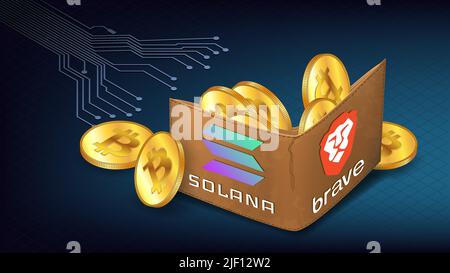 Circuits imprimés isométriques s'étendant à un portefeuille plein de pièces de monnaie en or Bitcoin BTC et logo Brave navigateur et Solana blockchain sur bleu. Brave s'intègre désormais Illustration de Vecteur