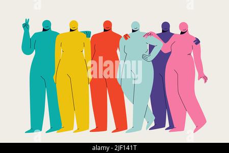 Groupe de femmes abstraites multicolores mignons. Chiffres féminins disproportionnés dans différentes poses. Illustration tendance Vector Flat. Illustration de Vecteur