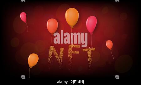Le jeton non fongible NFT Word vole sur des ballons de couleur sur fond rouge foncé. Illustration vectorielle. Illustration de Vecteur