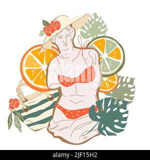 Carte d'été ou bannière avec statue en marbre entourée de fruits exotiques et de fournitures de vacances à la plage, illustration vectorielle plate isolée sur bac blanc Illustration de Vecteur