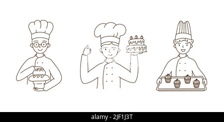 Mettez les boulangers dans l'uniforme d'un chef avec divers produits de boulangerie. Pour la boulangerie, la publicité, le site Web. Illustration vectorielle Illustration de Vecteur