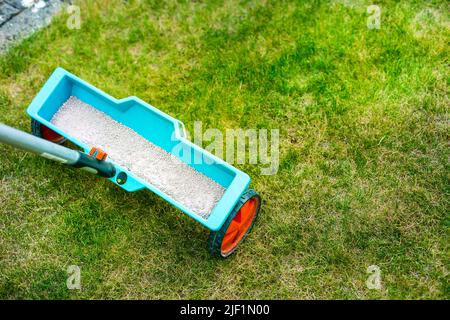 Entretien des pelouses - outil de fertilisation de printemps de pelouse Banque D'Images